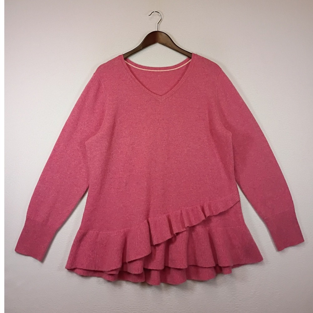 Romantic Coquette Pink 100% Cashmere Womens XL V-Neck Asymmetric‎ Ruffle Sweater